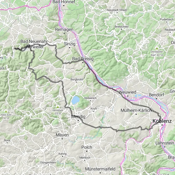 Map miniature of "The Ahr Valley and Maifeld Exploration" cycling inspiration in Koblenz, Germany. Generated by Tarmacs.app cycling route planner