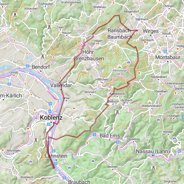 Map miniature of "Gravel Adventure" cycling inspiration in Koblenz, Germany. Generated by Tarmacs.app cycling route planner