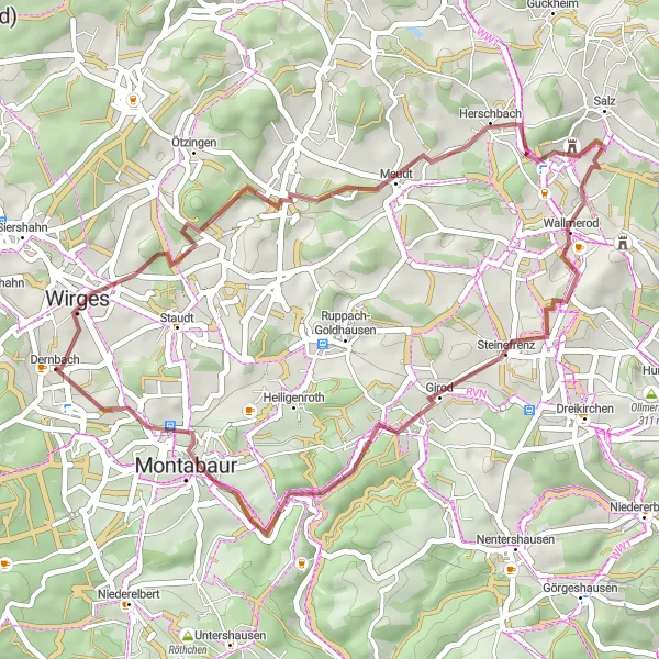 Karten-Miniaturansicht der Radinspiration "Gravel-Abenteuer um Dernbach" in Koblenz, Germany. Erstellt vom Tarmacs.app-Routenplaner für Radtouren