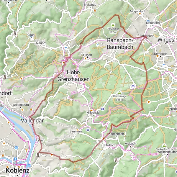 Karten-Miniaturansicht der Radinspiration "Gravel-Tour von Dernbach nach Koblenz und zurück" in Koblenz, Germany. Erstellt vom Tarmacs.app-Routenplaner für Radtouren