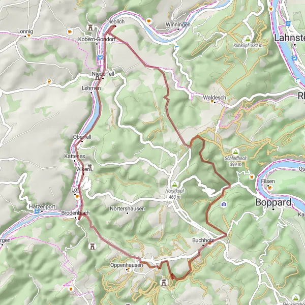 Map miniature of "Serene Gravel Loop: Explore Charming Villages" cycling inspiration in Koblenz, Germany. Generated by Tarmacs.app cycling route planner