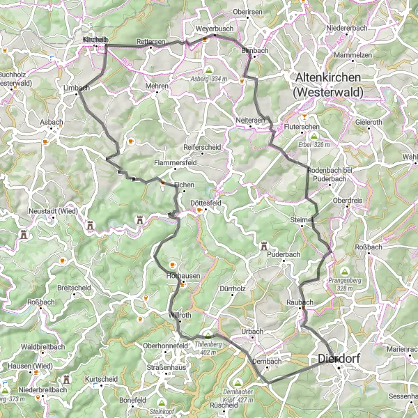 Karten-Miniaturansicht der Radinspiration "Hügelige Straßen um Dierdorf" in Koblenz, Germany. Erstellt vom Tarmacs.app-Routenplaner für Radtouren