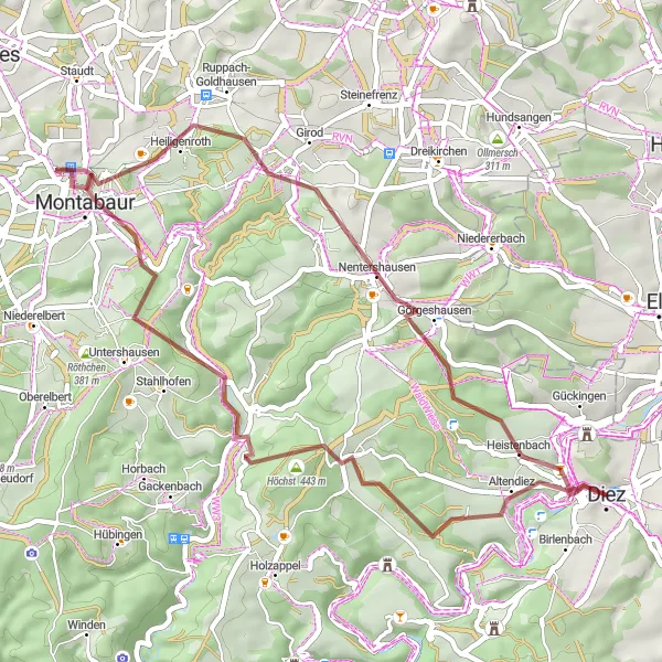 Map miniature of "Diez Gravel Adventure" cycling inspiration in Koblenz, Germany. Generated by Tarmacs.app cycling route planner