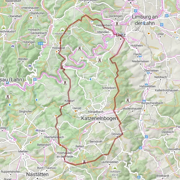 Karten-Miniaturansicht der Radinspiration "Erlebnistour von Diez zum Blickerstein" in Koblenz, Germany. Erstellt vom Tarmacs.app-Routenplaner für Radtouren