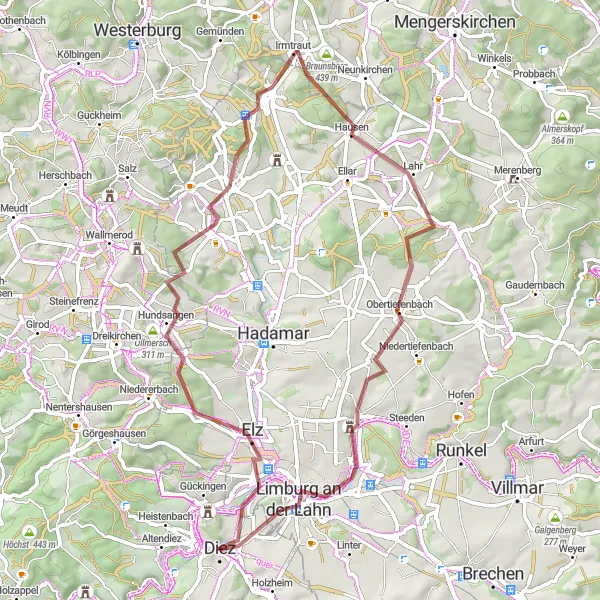 Map miniature of "Discovering Gravel Roads around Diez" cycling inspiration in Koblenz, Germany. Generated by Tarmacs.app cycling route planner