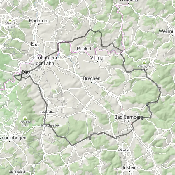 Karten-Miniaturansicht der Radinspiration "Rennradtour von Diez nach Würges und Hahnstätten" in Koblenz, Germany. Erstellt vom Tarmacs.app-Routenplaner für Radtouren