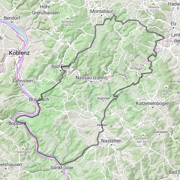 Karten-Miniaturansicht der Radinspiration "Große Roadtour von Diez nach Boppard und Bad Ems" in Koblenz, Germany. Erstellt vom Tarmacs.app-Routenplaner für Radtouren
