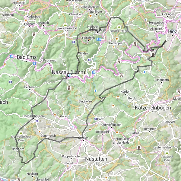 Map miniature of "Diez and Beyond" cycling inspiration in Koblenz, Germany. Generated by Tarmacs.app cycling route planner