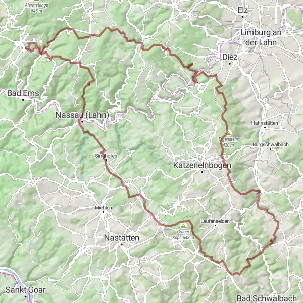 Map miniature of "Burg Balduinstein Challenge" cycling inspiration in Koblenz, Germany. Generated by Tarmacs.app cycling route planner