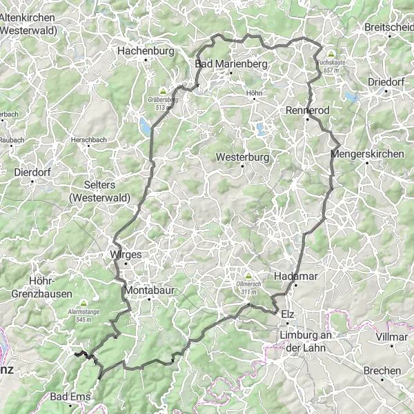 Map miniature of "Hills and Valleys" cycling inspiration in Koblenz, Germany. Generated by Tarmacs.app cycling route planner