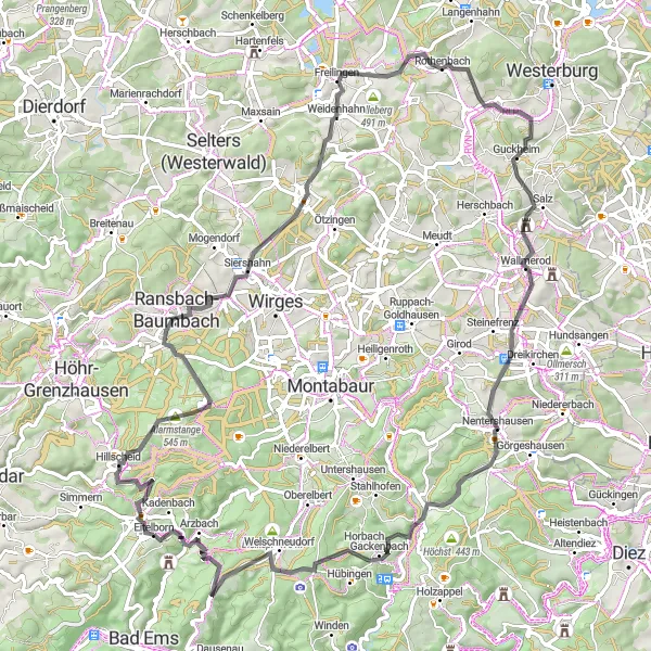 Karten-Miniaturansicht der Radinspiration "Die Thiels Hütte-Route" in Koblenz, Germany. Erstellt vom Tarmacs.app-Routenplaner für Radtouren