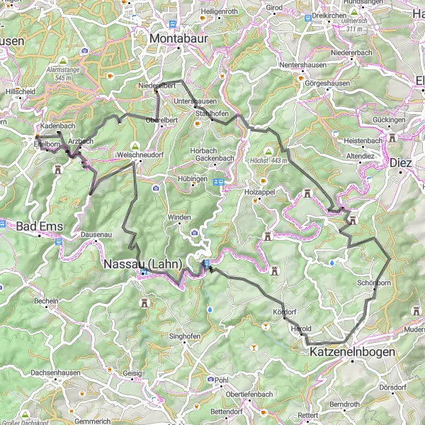 Karten-Miniaturansicht der Radinspiration "Hügelige Höhen und malerische Dörfer" in Koblenz, Germany. Erstellt vom Tarmacs.app-Routenplaner für Radtouren