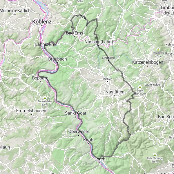 Karten-Miniaturansicht der Radinspiration "Road-Tour um Koblenz" in Koblenz, Germany. Erstellt vom Tarmacs.app-Routenplaner für Radtouren