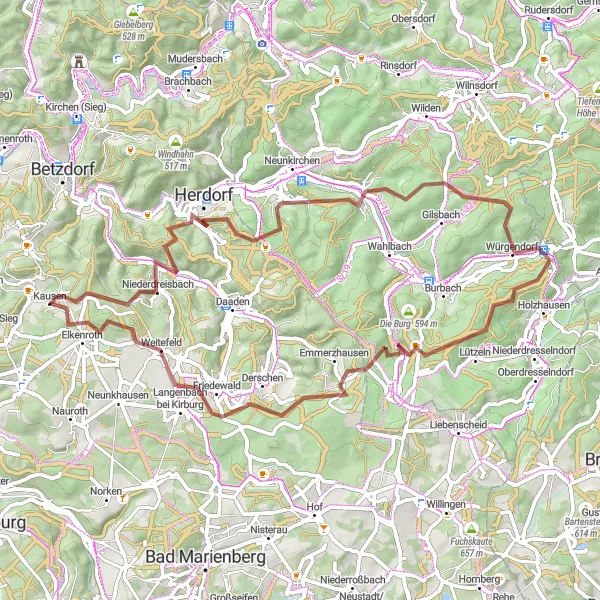 Map miniature of "Herdorf Round-Trip" cycling inspiration in Koblenz, Germany. Generated by Tarmacs.app cycling route planner