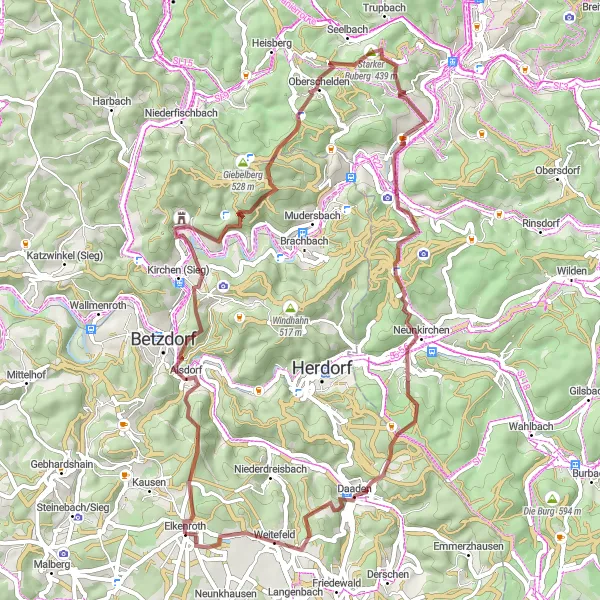 Map miniature of "Elkenroth - Freusburg - Eiserfeld Gravel Adventure" cycling inspiration in Koblenz, Germany. Generated by Tarmacs.app cycling route planner