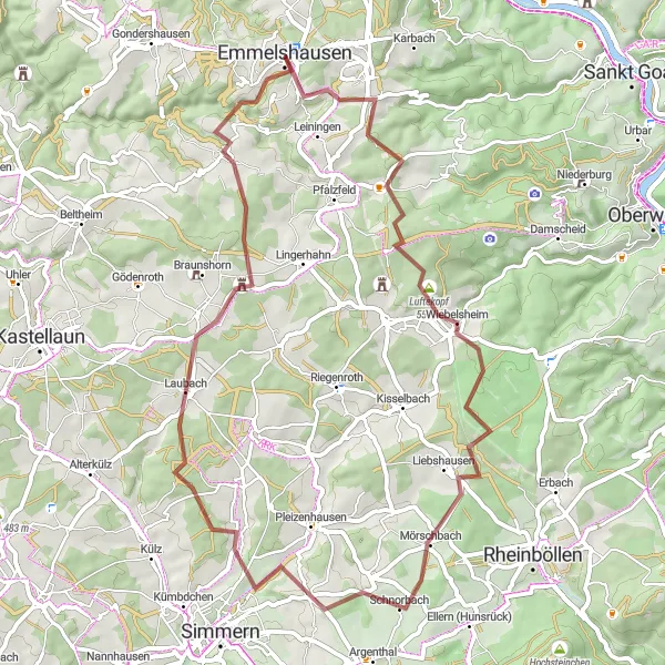 Karten-Miniaturansicht der Radinspiration "Gravel Tour um Emmelshausen" in Koblenz, Germany. Erstellt vom Tarmacs.app-Routenplaner für Radtouren