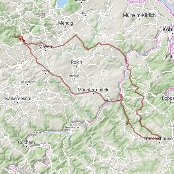 Map miniature of "Ultimate Gravel Challenge: Emmelshausen to Münstermaifeld" cycling inspiration in Koblenz, Germany. Generated by Tarmacs.app cycling route planner