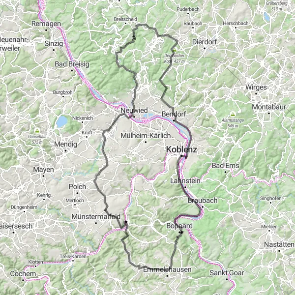 Map miniature of "The Ultimate Road Challenge" cycling inspiration in Koblenz, Germany. Generated by Tarmacs.app cycling route planner