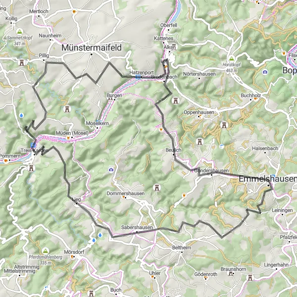 Map miniature of "Emmelshausen to Lieg" cycling inspiration in Koblenz, Germany. Generated by Tarmacs.app cycling route planner