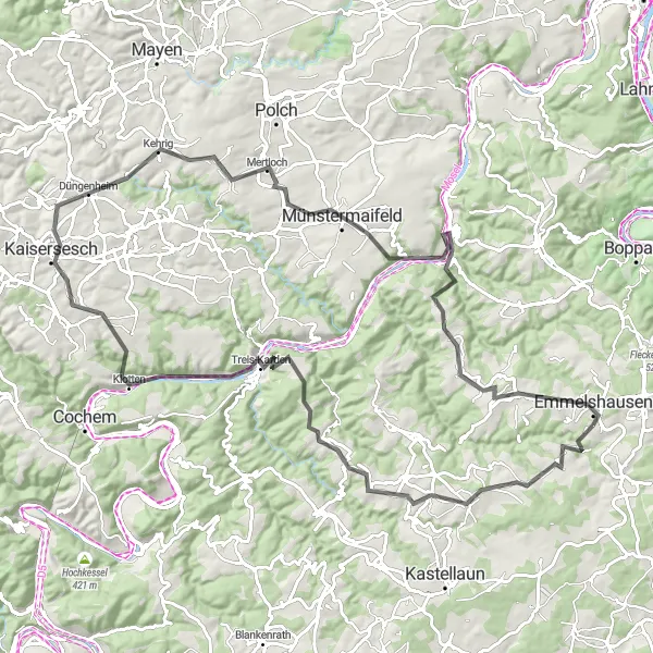 Map miniature of "Scenic Road Cycling Route to the Moselle Valley" cycling inspiration in Koblenz, Germany. Generated by Tarmacs.app cycling route planner
