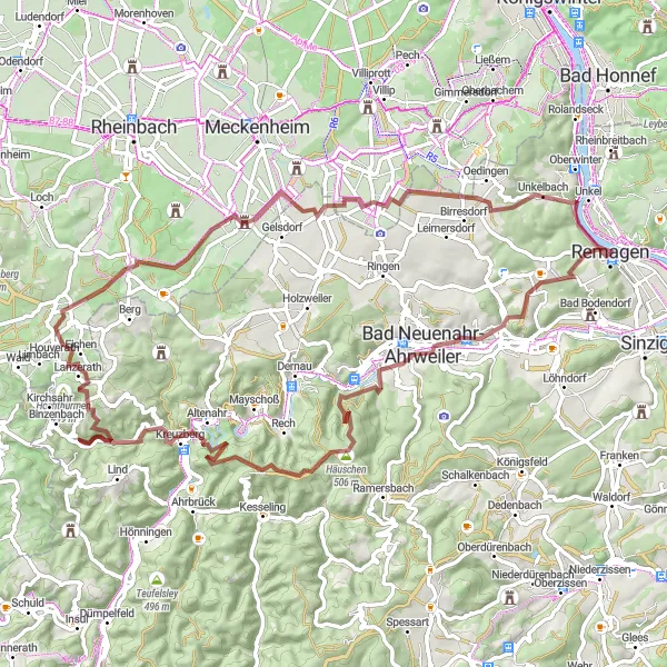 Map miniature of "Landskrone and Bad Neuenahr-Ahrweiler Gravel Adventure" cycling inspiration in Koblenz, Germany. Generated by Tarmacs.app cycling route planner