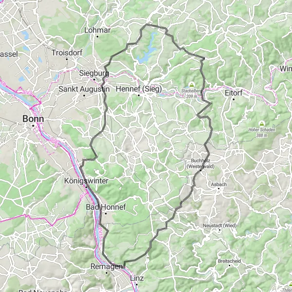 Karten-Miniaturansicht der Radinspiration "Herausfordernde Höhenmeter und faszinierende Ausblicke" in Koblenz, Germany. Erstellt vom Tarmacs.app-Routenplaner für Radtouren