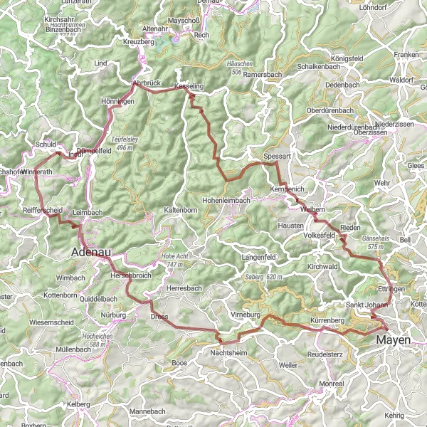 Map miniature of "Scenic Gravel Journey to Kürrenberg" cycling inspiration in Koblenz, Germany. Generated by Tarmacs.app cycling route planner