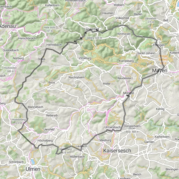 Map miniature of "The Road Challenge to Saberg" cycling inspiration in Koblenz, Germany. Generated by Tarmacs.app cycling route planner