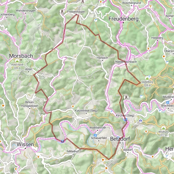 Map miniature of "Niederfischbach and Scheuer-Berg Gravel Loop" cycling inspiration in Koblenz, Germany. Generated by Tarmacs.app cycling route planner