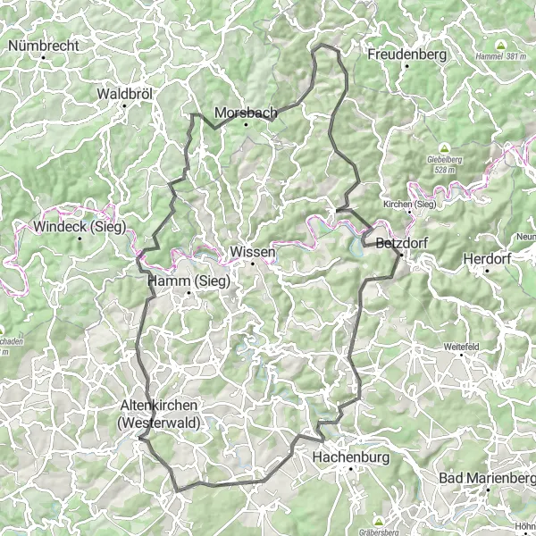 Map miniature of "The Hills and Castles Tour" cycling inspiration in Koblenz, Germany. Generated by Tarmacs.app cycling route planner