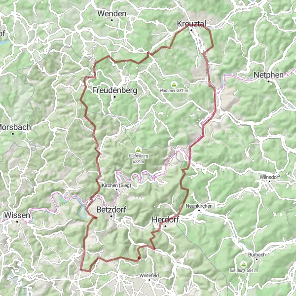 Map miniature of "Herdorf and Scheuer-Berg Gravel Ride" cycling inspiration in Koblenz, Germany. Generated by Tarmacs.app cycling route planner