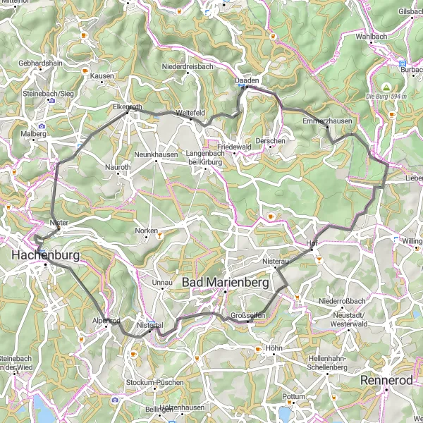Map miniature of "Hachenburg Loop" cycling inspiration in Koblenz, Germany. Generated by Tarmacs.app cycling route planner