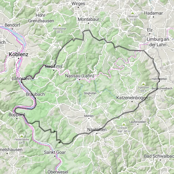 Karten-Miniaturansicht der Radinspiration "Die große Runde um Koblenz" in Koblenz, Germany. Erstellt vom Tarmacs.app-Routenplaner für Radtouren