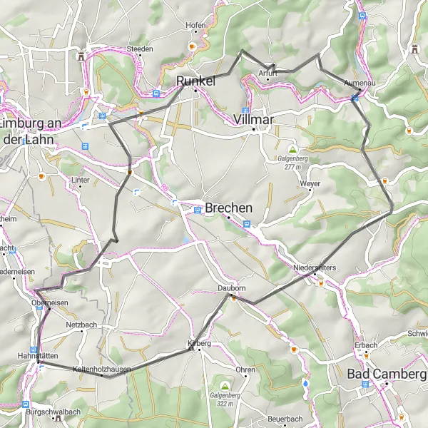 Map miniature of "Lahn Valley" cycling inspiration in Koblenz, Germany. Generated by Tarmacs.app cycling route planner