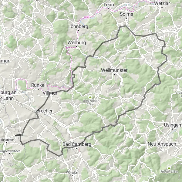 Karten-Miniaturansicht der Radinspiration "Die Herausforderung um Villmar" in Koblenz, Germany. Erstellt vom Tarmacs.app-Routenplaner für Radtouren