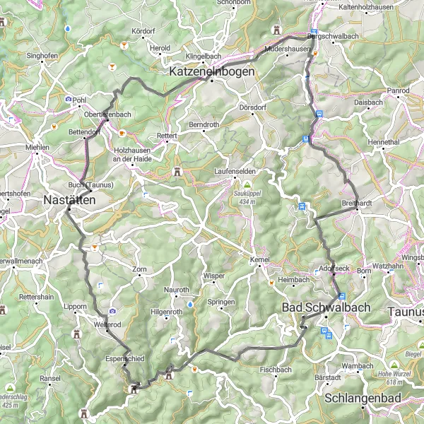 Map miniature of "Hahnstätten Road Cycling Route" cycling inspiration in Koblenz, Germany. Generated by Tarmacs.app cycling route planner