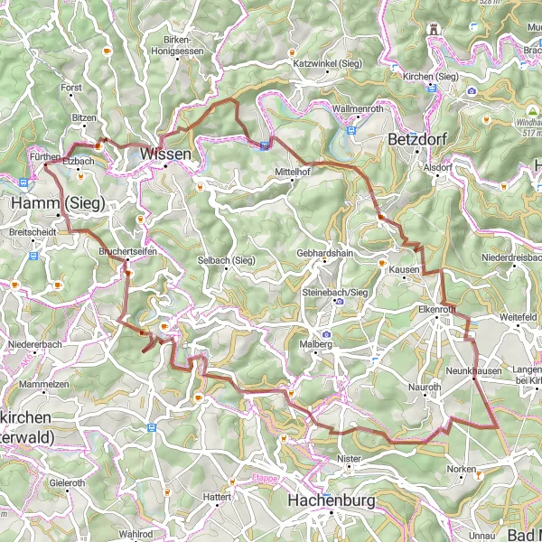 Map miniature of "Hamm (Sieg) Gravel Adventure" cycling inspiration in Koblenz, Germany. Generated by Tarmacs.app cycling route planner