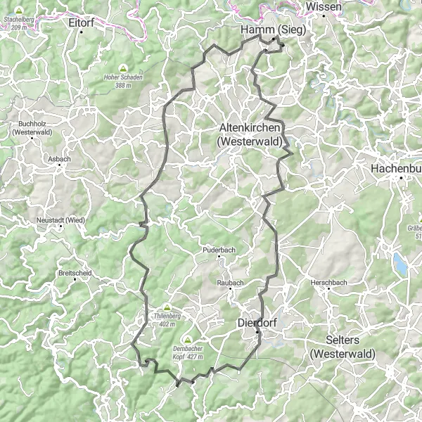 Map miniature of "Scenic Road Cycling Loop from Hamm" cycling inspiration in Koblenz, Germany. Generated by Tarmacs.app cycling route planner