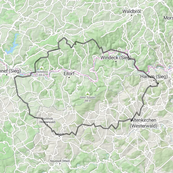 Map miniature of "Journey through Sieg Valley: Ohligsberg to Hamm (Sieg)" cycling inspiration in Koblenz, Germany. Generated by Tarmacs.app cycling route planner