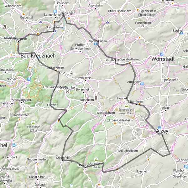 Map miniature of "Road Tour through Lonsheim and Bad Kreuznach" cycling inspiration in Koblenz, Germany. Generated by Tarmacs.app cycling route planner