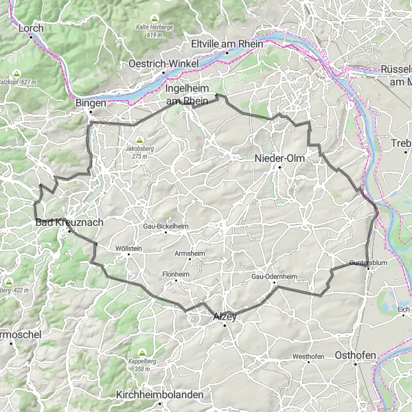 Map miniature of "Road Adventure across Ingelheim am Rhein" cycling inspiration in Koblenz, Germany. Generated by Tarmacs.app cycling route planner