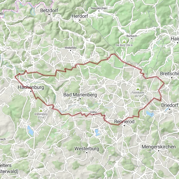 Map miniature of "The Westerwald Gravel Adventure" cycling inspiration in Koblenz, Germany. Generated by Tarmacs.app cycling route planner