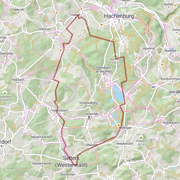 Map miniature of "Gietzebeul to Hattert Gravel Adventure" cycling inspiration in Koblenz, Germany. Generated by Tarmacs.app cycling route planner