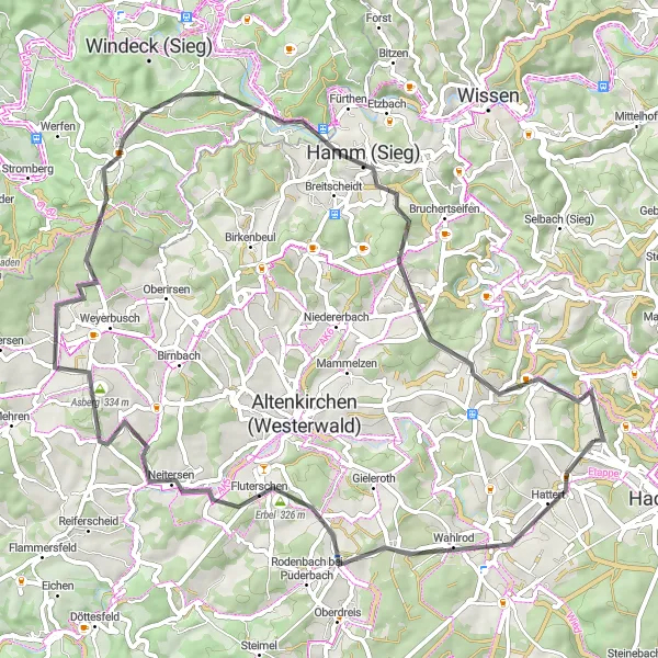 Map miniature of "The Siegtal Circuit" cycling inspiration in Koblenz, Germany. Generated by Tarmacs.app cycling route planner