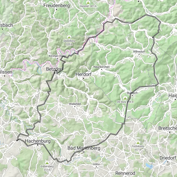 Map miniature of "The Westerwald Loop" cycling inspiration in Koblenz, Germany. Generated by Tarmacs.app cycling route planner