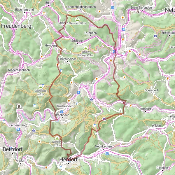 Map miniature of "The Windhahn Gravel Adventure" cycling inspiration in Koblenz, Germany. Generated by Tarmacs.app cycling route planner