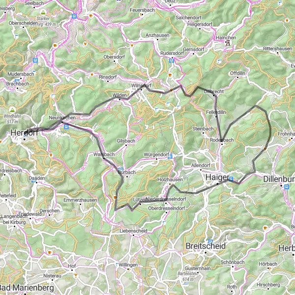 Karten-Miniaturansicht der Radinspiration "Road-Tour zu Die Burg und Burbach" in Koblenz, Germany. Erstellt vom Tarmacs.app-Routenplaner für Radtouren