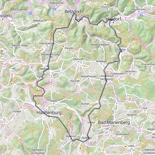 Karten-Miniaturansicht der Radinspiration "Rundweg von Herdorf: Hahn und Barbaraturm" in Koblenz, Germany. Erstellt vom Tarmacs.app-Routenplaner für Radtouren