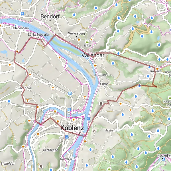 Map miniature of "Scenic Gravel Route to Vallendar" cycling inspiration in Koblenz, Germany. Generated by Tarmacs.app cycling route planner