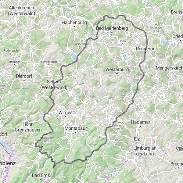 Map miniature of "The Westerwald Challenge" cycling inspiration in Koblenz, Germany. Generated by Tarmacs.app cycling route planner